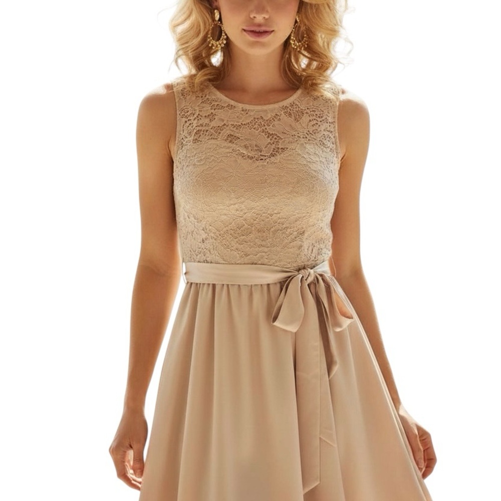 Beige Lace Fit & Flare Cocktail Dress with Satin Bow Belt - Size medium